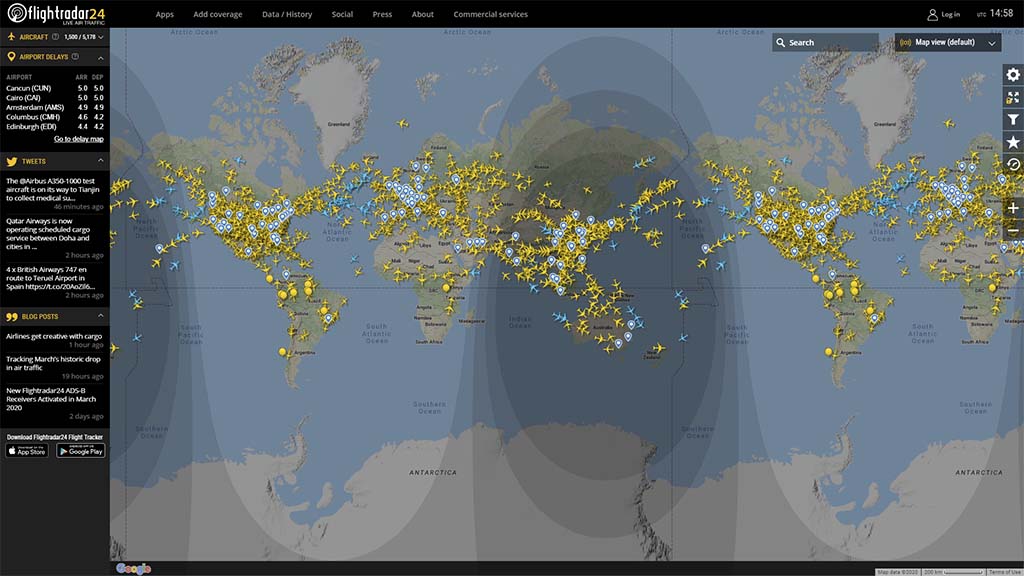 Мировой авиатрафик по данным Flightradar24.com на 3 апреля 2020 г. За редким исключением на всех основных эшелонах в небе летят самолёты./Airtraffic: World, 04/03/2020
