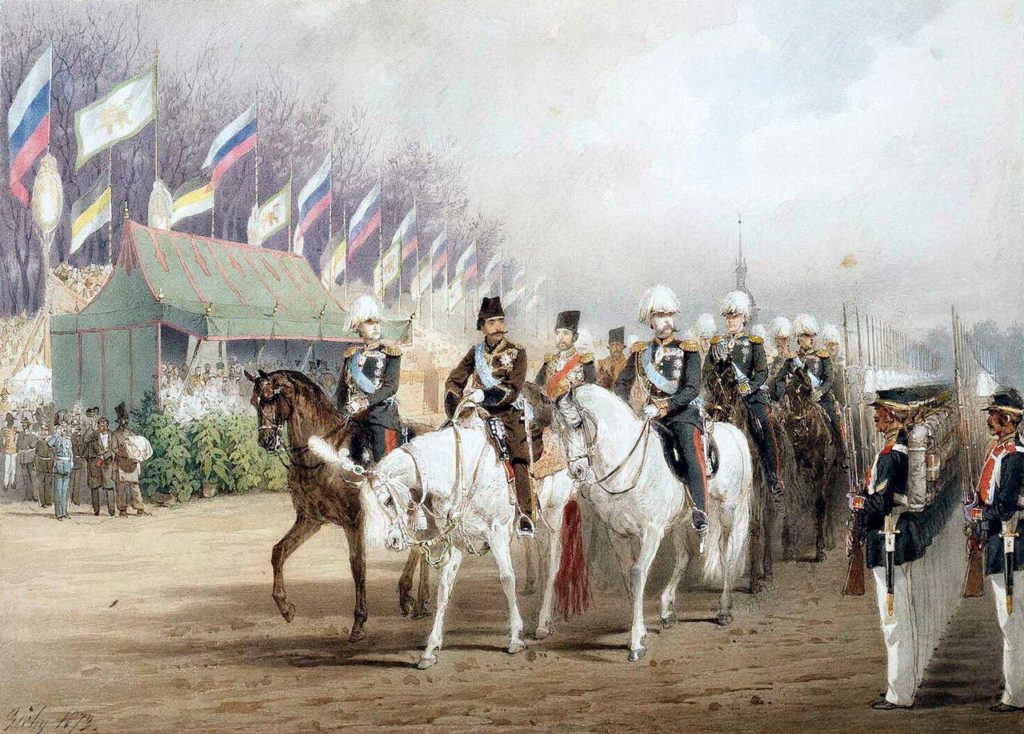 «Александр II и шах Наср-эд-Дин во время парада на Царицыном лугу в 1873 году», Михай Зичи, 1873 год.