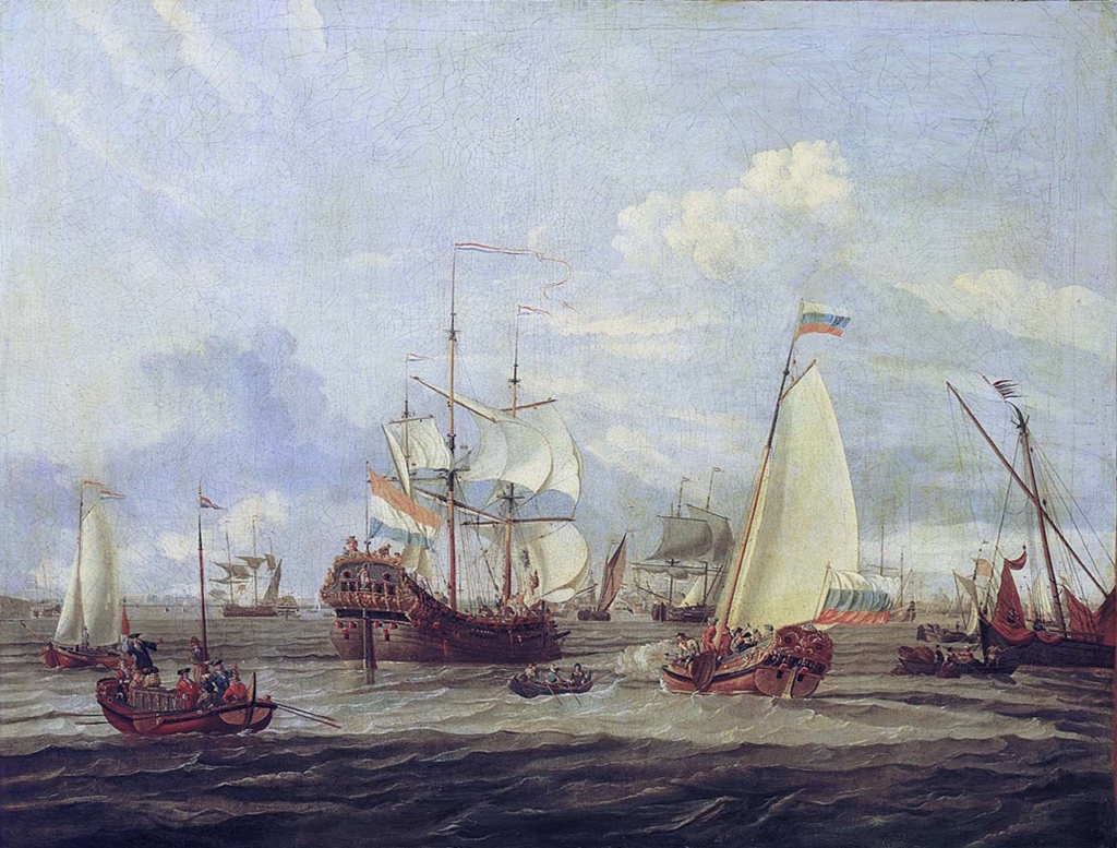 Пётр I на своей яхте (справа) рассматривает голландский фрегат «Пётр и Павел» во время своего возвращения в Санкт-Петербург. Картина голландского художника Абрахама Сторка 1698-го года.